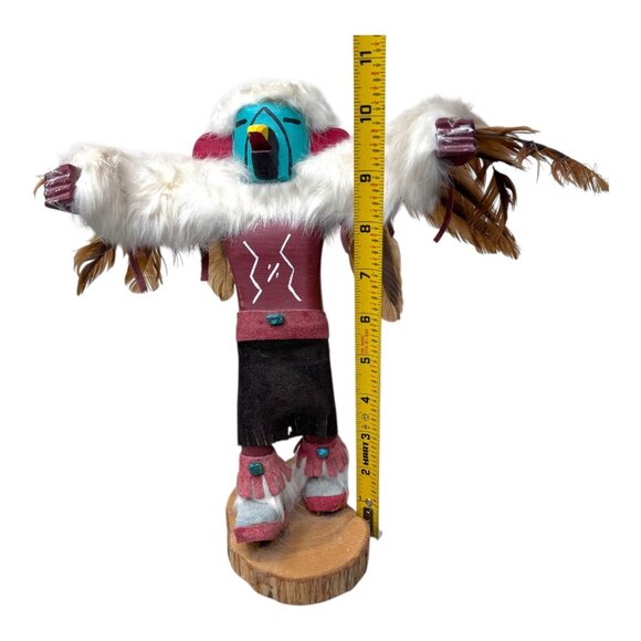 Handmade  Native American Eagle Kachina Doll On Base Faux Fur Feather Large 11" - Picture 7 of 9
